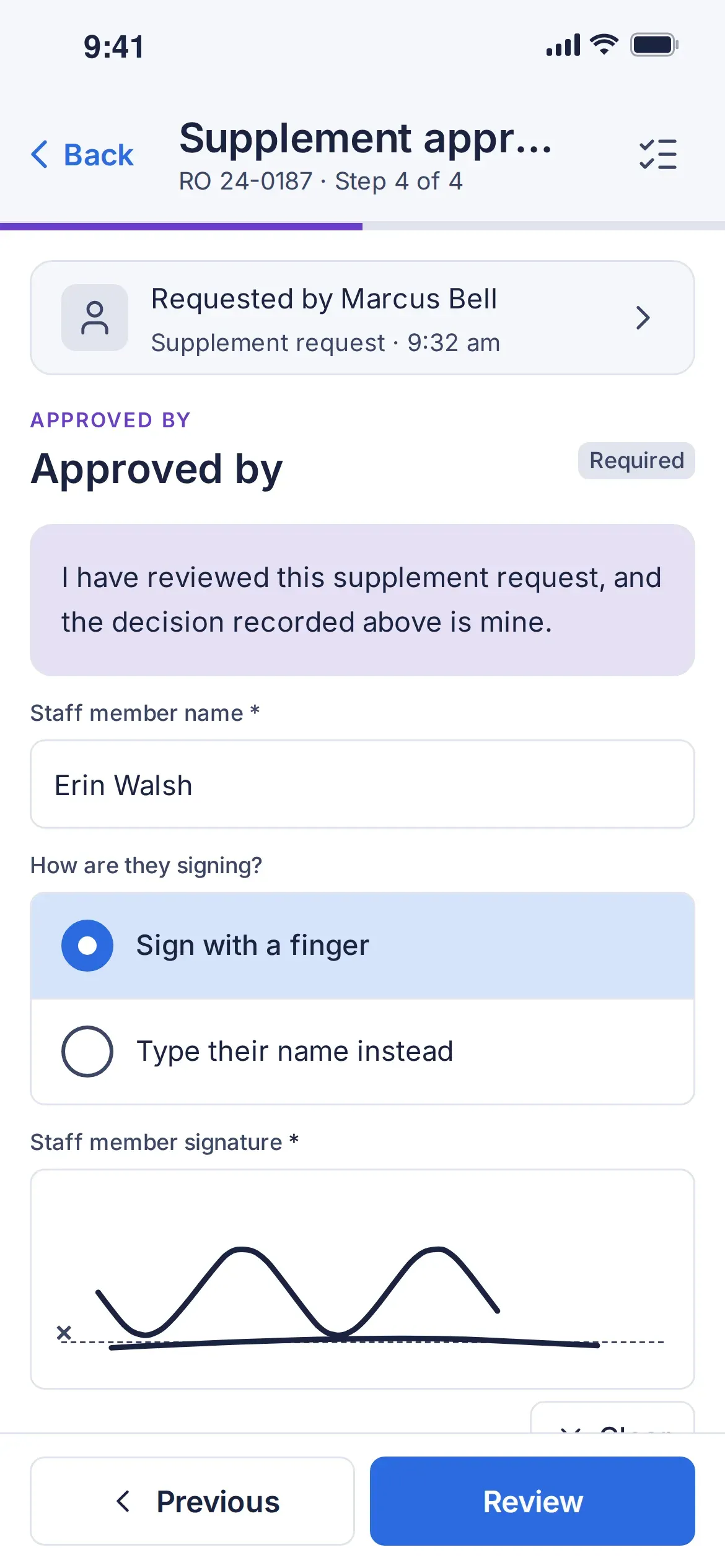 Phone screen of a Supplement approval headed Approved by, with a Requested by banner, the approver statement, the name Erin Walsh filled in and a finger-drawn signature