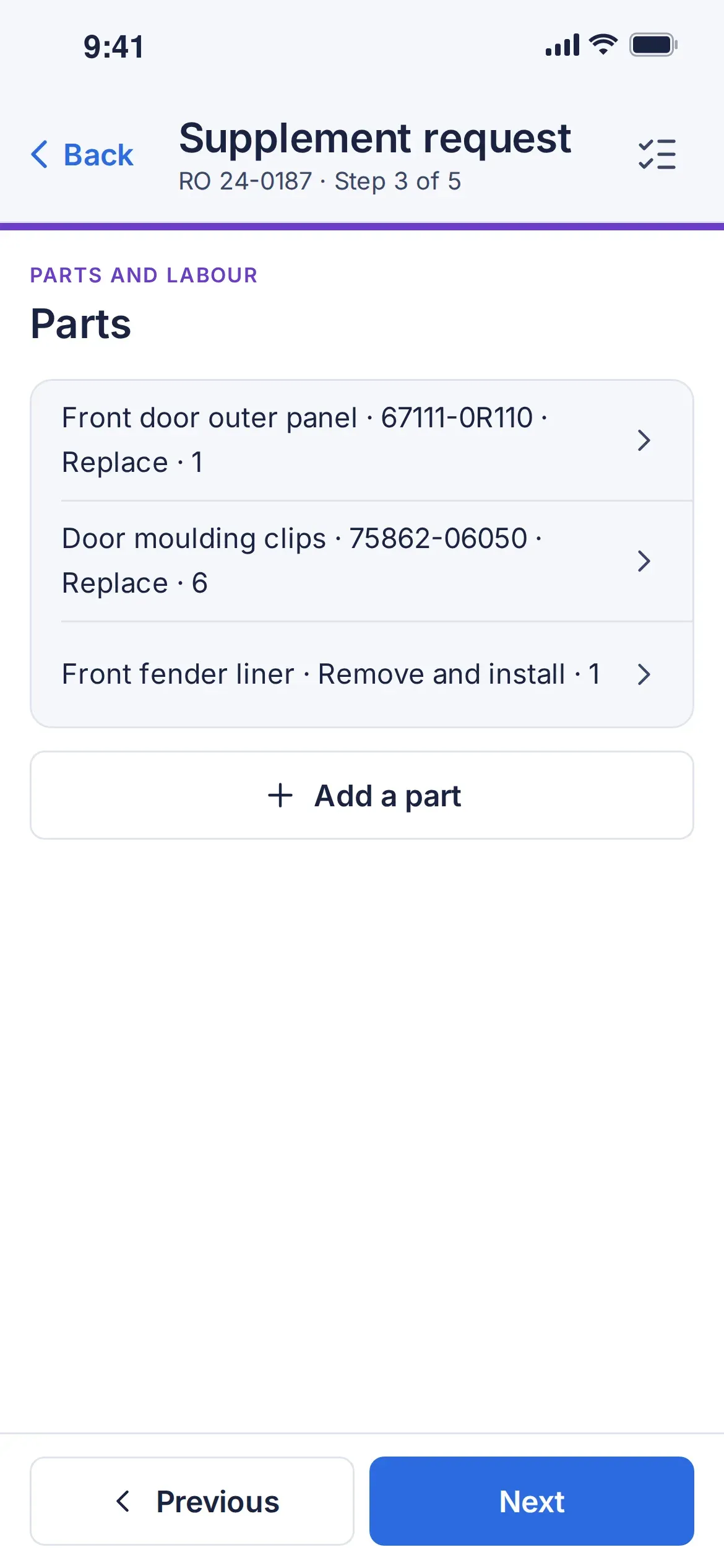 Phone screen of a Supplement request on a repair order showing three parts lines (front door outer panel with part number, door moulding clips, front fender liner) and an Add a part button