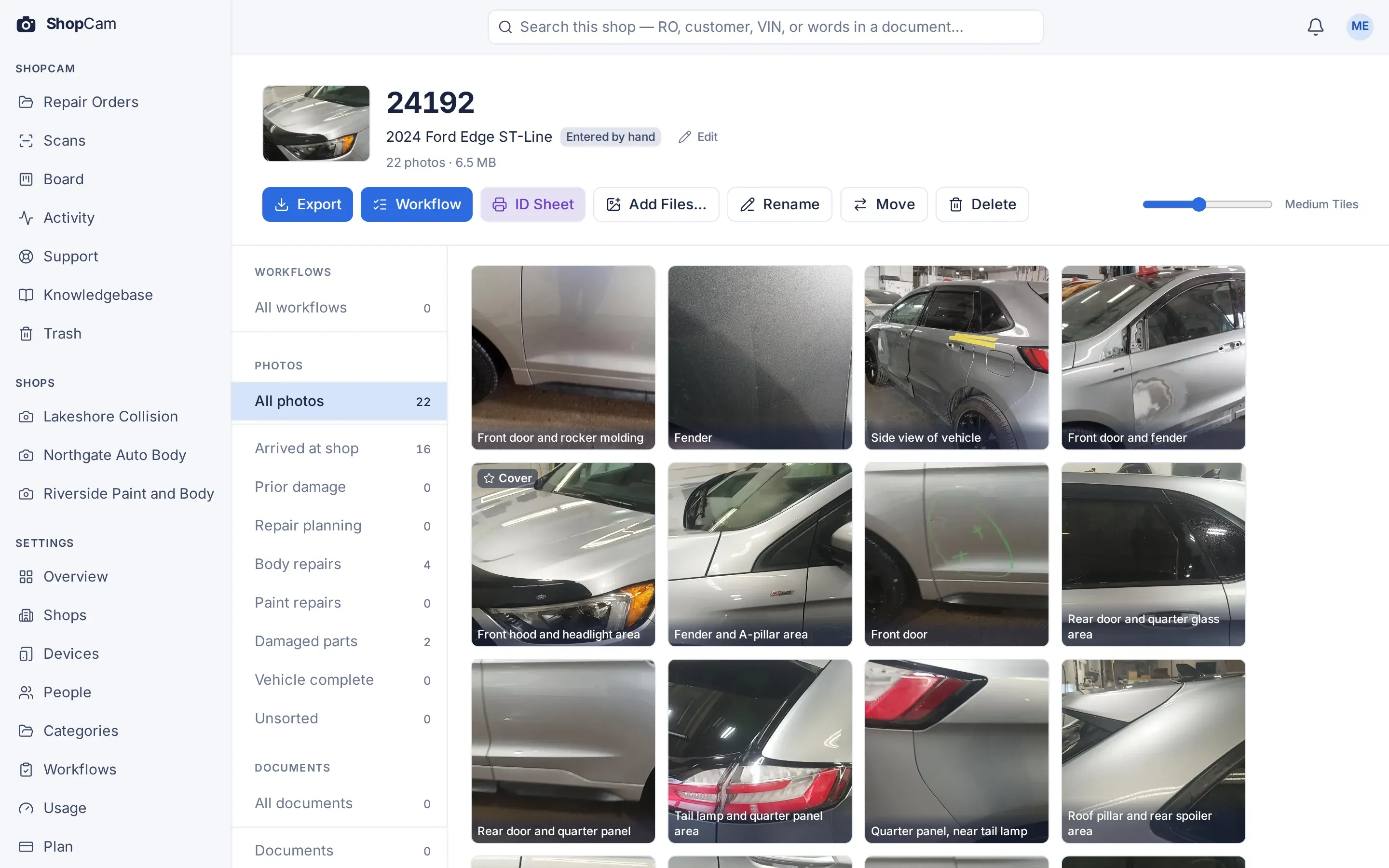 Repair order 24192, a 2024 Ford Edge ST-Line, with 22 photos in a grid. Each photo is labelled with the part it shows, such as "Front door and fender", and one is marked as the cover