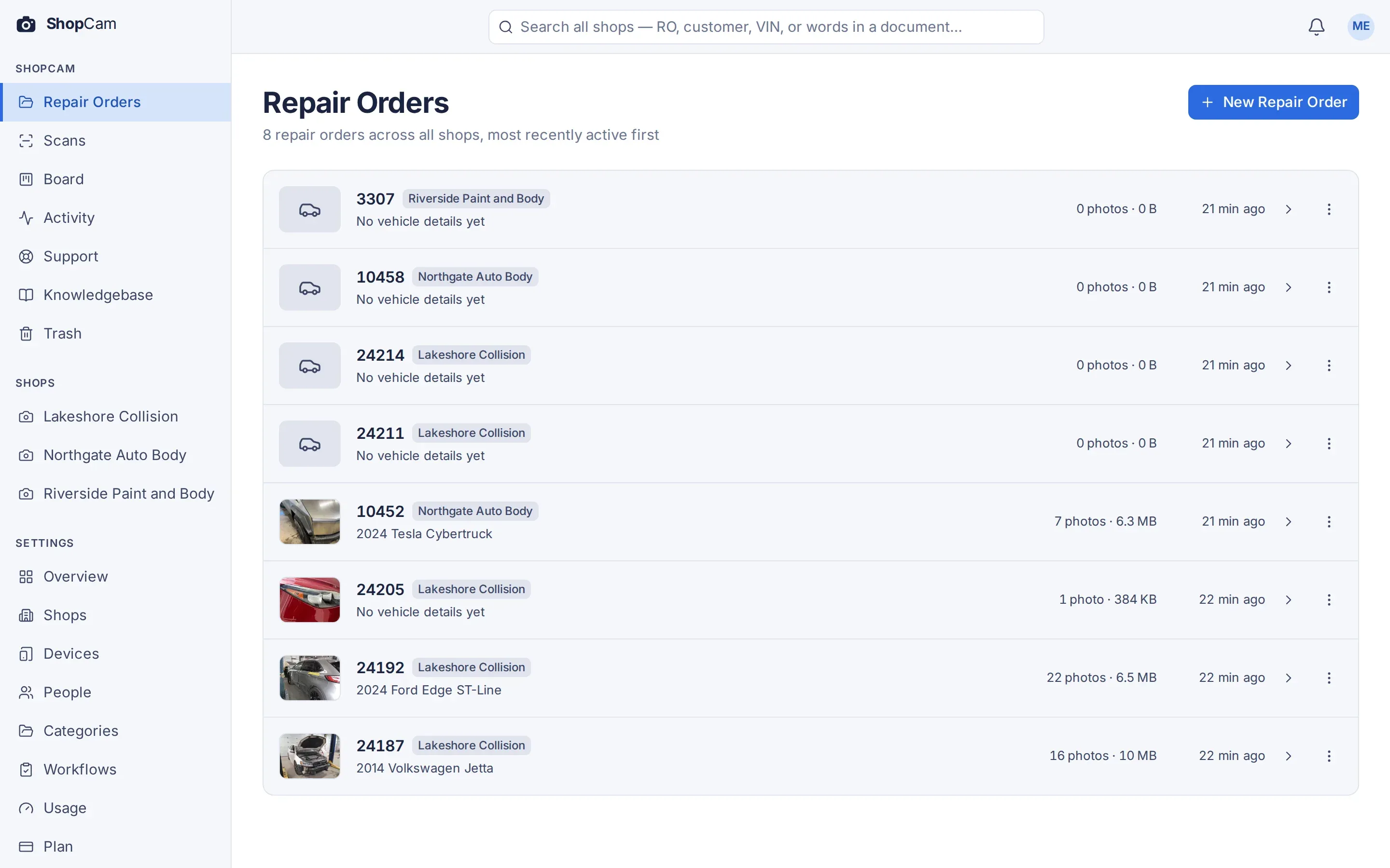 ShopCam repair order list across three shops, with a cover photo, vehicle, photo count and size for each repair order